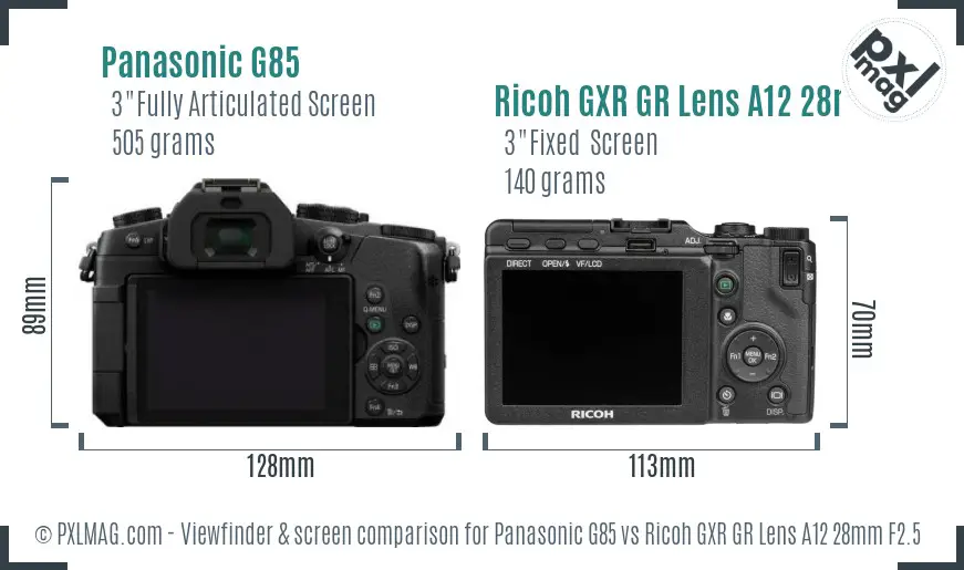 Panasonic G85 vs Ricoh GXR GR Lens A12 28mm F2.5 Screen and Viewfinder comparison