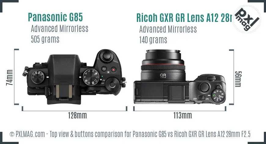 Panasonic G85 vs Ricoh GXR GR Lens A12 28mm F2.5 top view buttons comparison