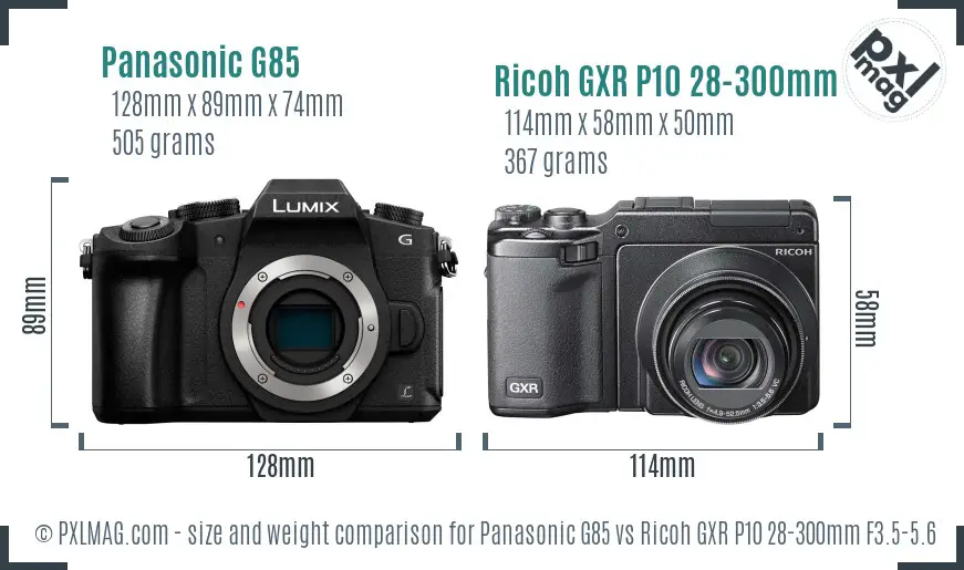 Panasonic G85 vs Ricoh GXR P10 28-300mm F3.5-5.6 VC size comparison