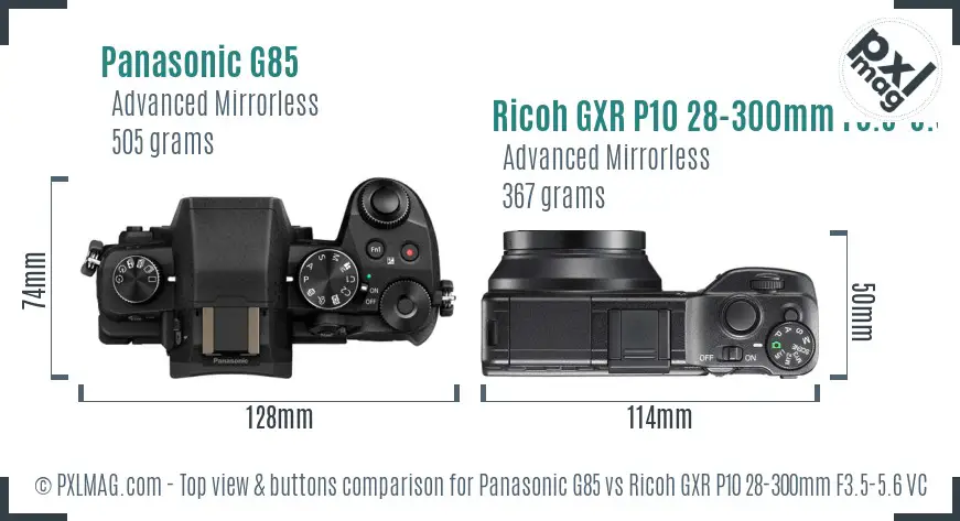 Panasonic G85 vs Ricoh GXR P10 28-300mm F3.5-5.6 VC top view buttons comparison