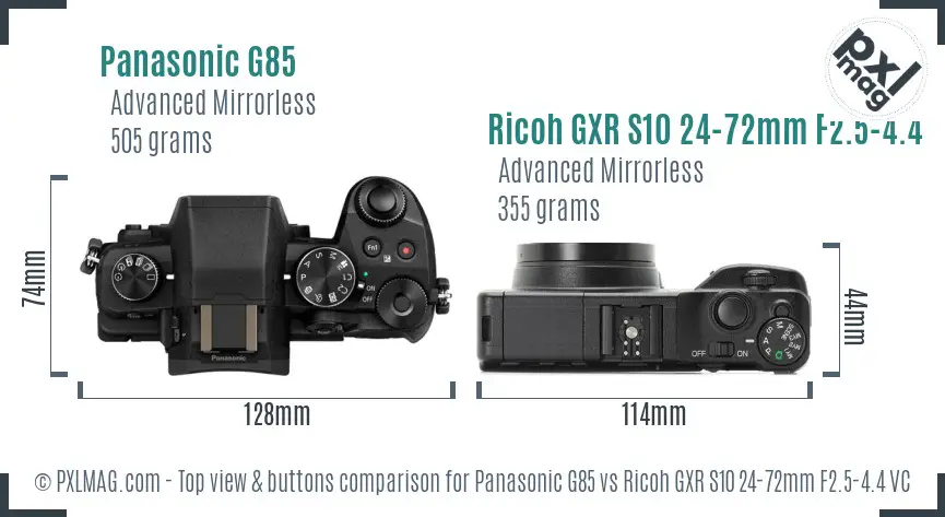 Panasonic G85 vs Ricoh GXR S10 24-72mm F2.5-4.4 VC top view buttons comparison