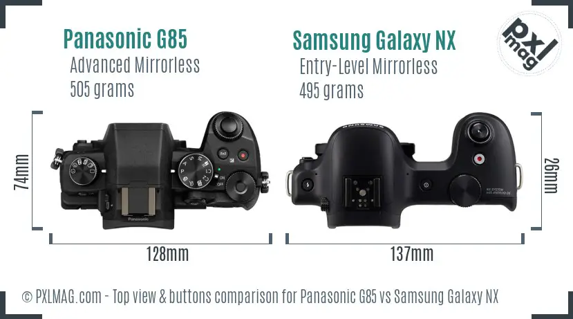 Panasonic G85 vs Samsung Galaxy NX top view buttons comparison