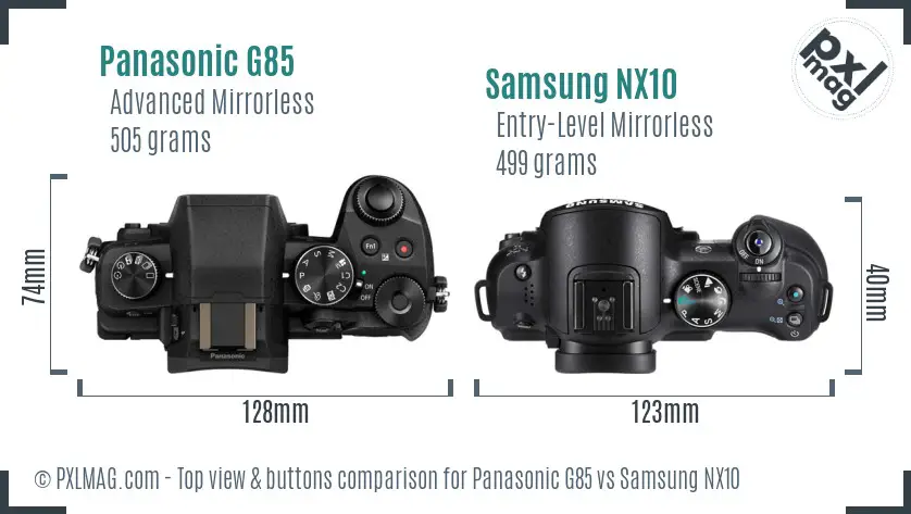Panasonic G85 vs Samsung NX10 top view buttons comparison