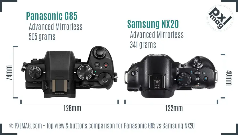 Panasonic G85 vs Samsung NX20 top view buttons comparison
