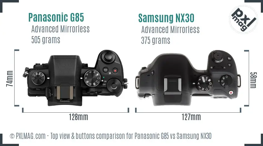 Panasonic G85 vs Samsung NX30 top view buttons comparison