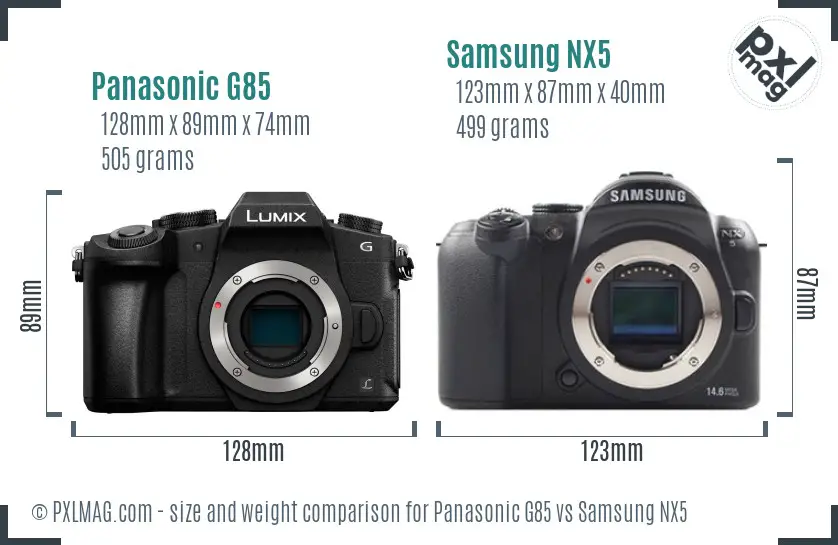 Panasonic G85 vs Samsung NX5 size comparison