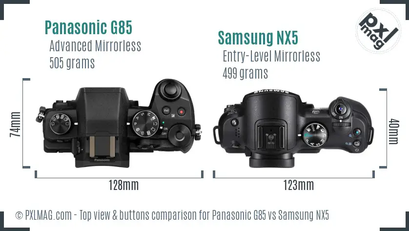 Panasonic G85 vs Samsung NX5 top view buttons comparison