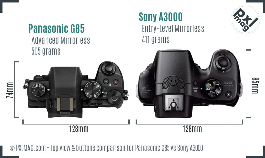 Panasonic G85 vs Sony A3000 top view buttons comparison