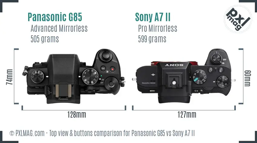 Panasonic G85 vs Sony A7 II top view buttons comparison