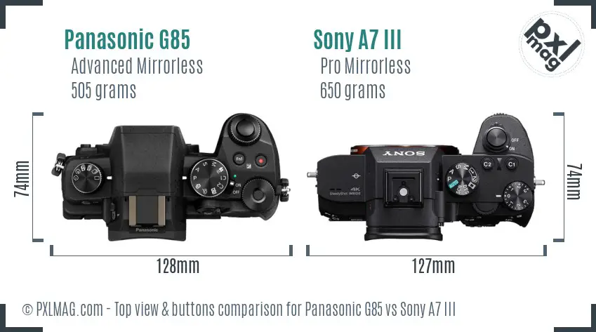 Panasonic G85 vs Sony A7 III top view buttons comparison