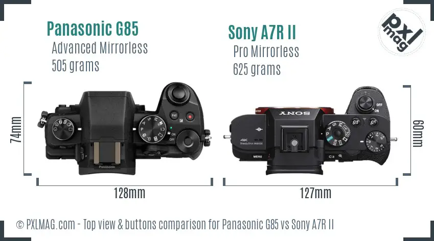 Panasonic G85 vs Sony A7R II top view buttons comparison