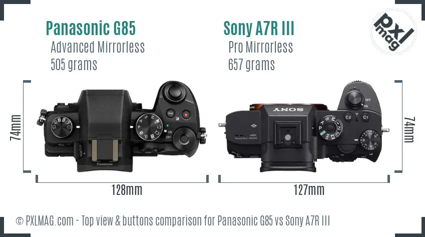 Panasonic G85 vs Sony A7R III top view buttons comparison