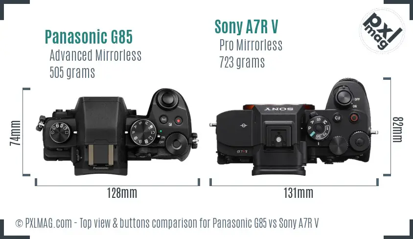 Panasonic G85 vs Sony A7R V top view buttons comparison