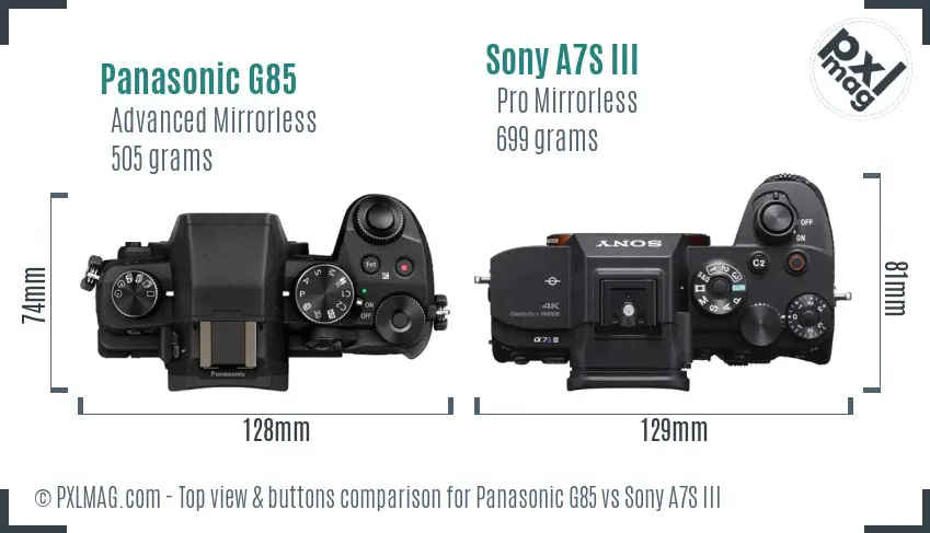 Panasonic G85 vs Sony A7S III top view buttons comparison