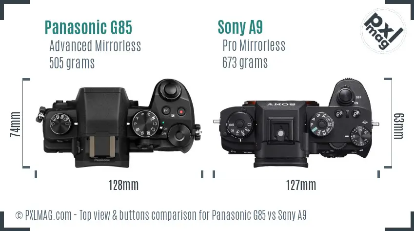 Panasonic G85 vs Sony A9 top view buttons comparison