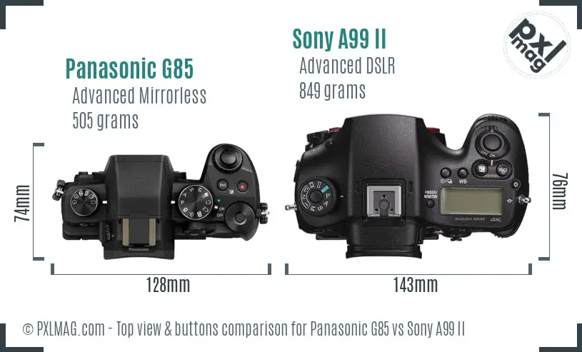 Panasonic G85 vs Sony A99 II top view buttons comparison