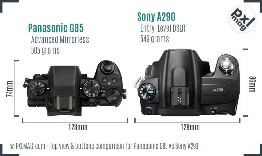 Panasonic G85 vs Sony A290 top view buttons comparison Panasonic G85 vs Sony A290 top view buttons comparison