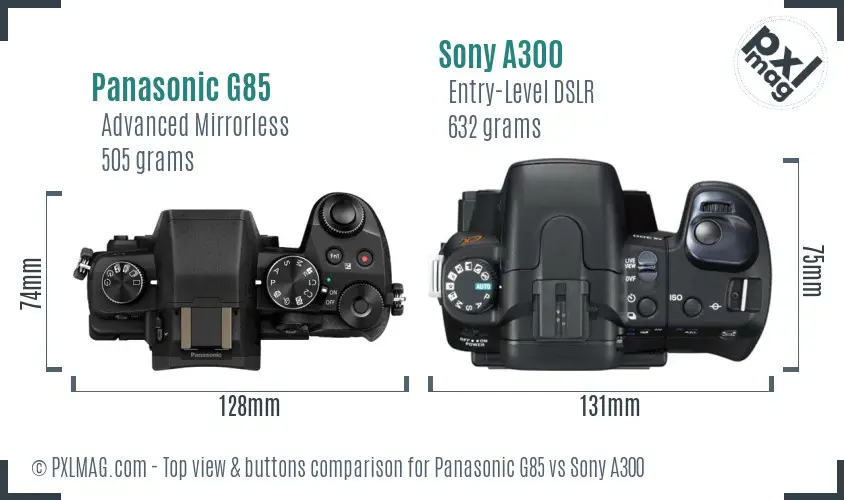 Panasonic G85 vs Sony A300 top view buttons comparison