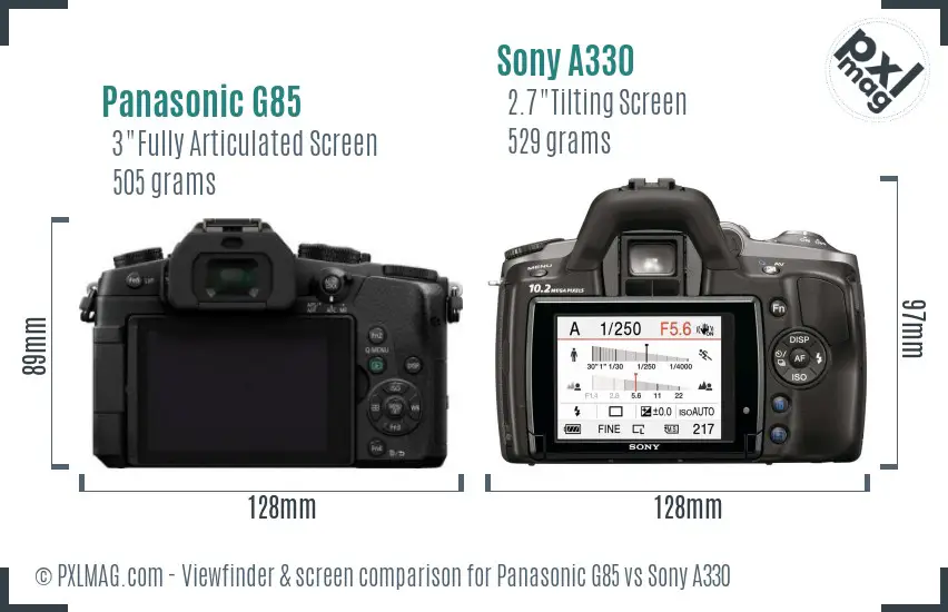 Panasonic G85 vs Sony A330 Screen and Viewfinder comparison