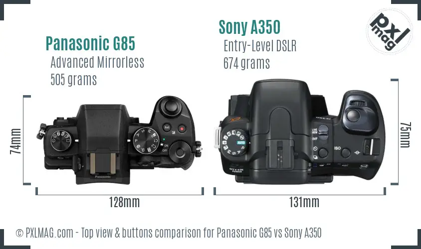 Panasonic G85 vs Sony A350 top view buttons comparison