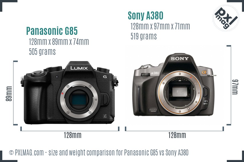 Panasonic G85 vs Sony A380 size comparison