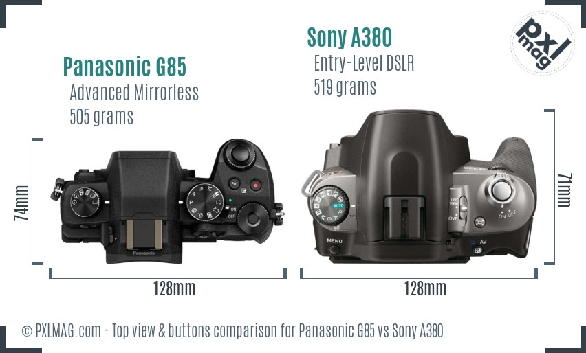 Panasonic G85 vs Sony A380 top view buttons comparison