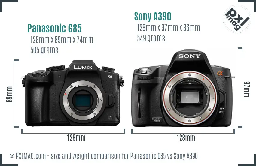 Panasonic G85 vs Sony A390 size comparison
