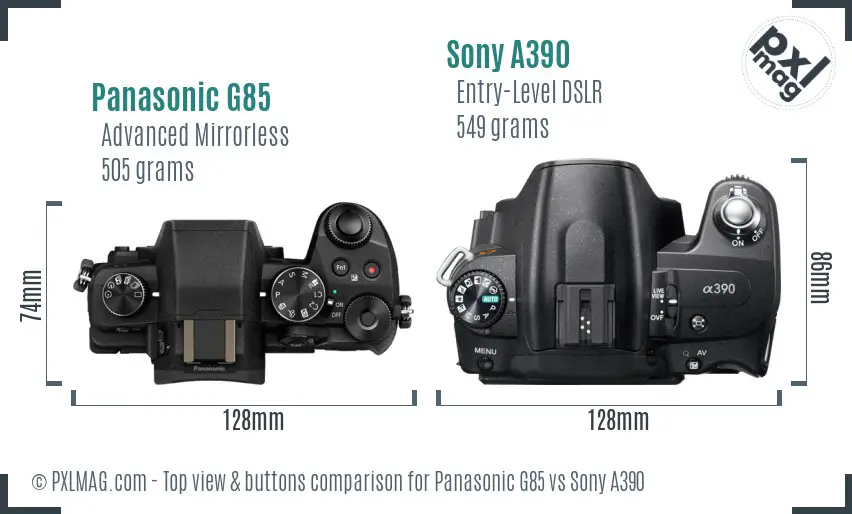 Panasonic G85 vs Sony A390 top view buttons comparison