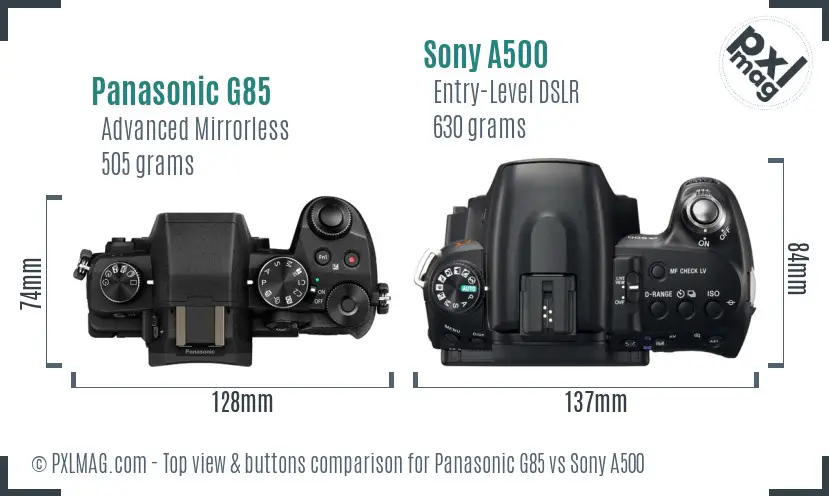 Panasonic G85 vs Sony A500 top view buttons comparison Panasonic G85 vs Sony A500 top view buttons comparison