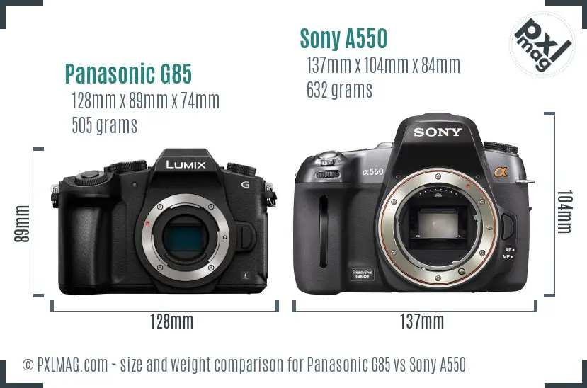 Panasonic G85 vs Sony A550 size comparison