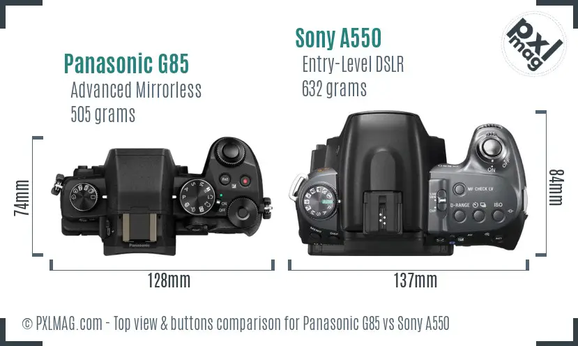 Panasonic G85 vs Sony A550 top view buttons comparison