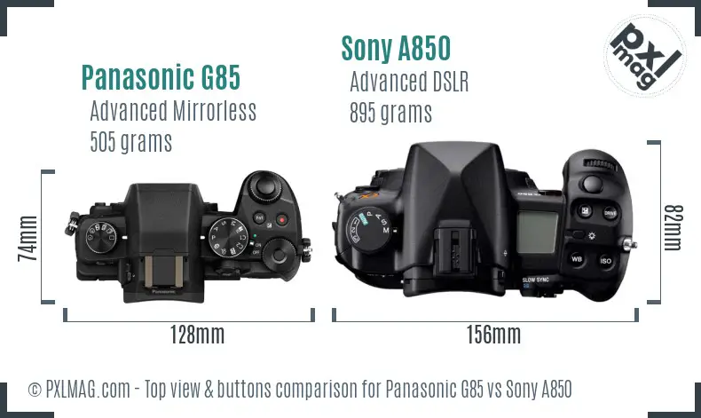 Panasonic G85 vs Sony A850 top view buttons comparison