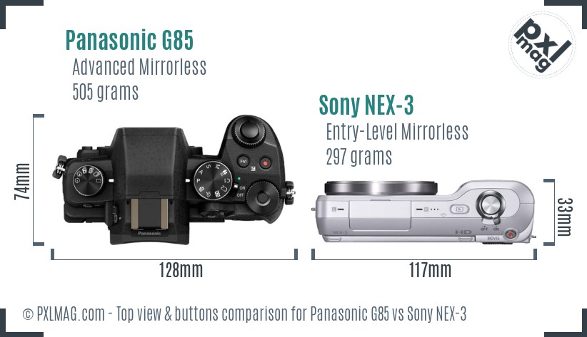 Panasonic G85 vs Sony NEX-3 top view buttons comparison