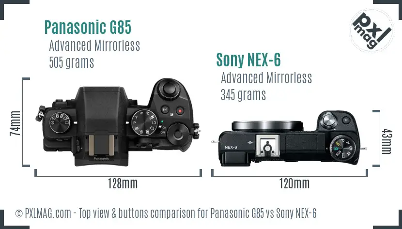 Panasonic G85 vs Sony NEX-6 top view buttons comparison