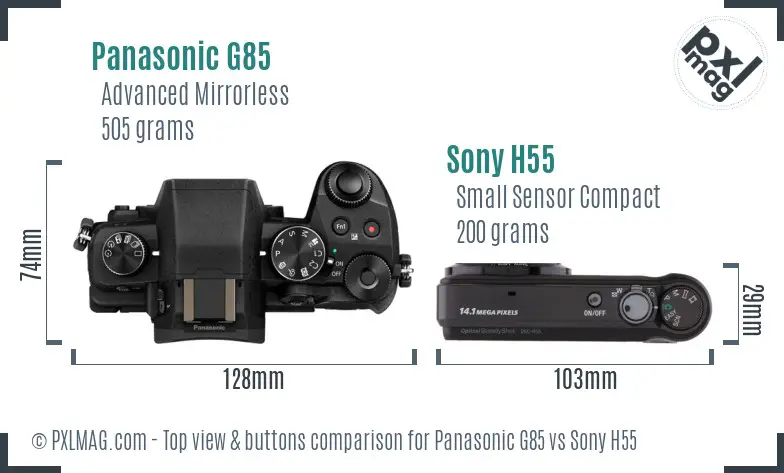 Panasonic G85 vs Sony H55 top view buttons comparison Panasonic G85 vs Sony H55 top view buttons comparison