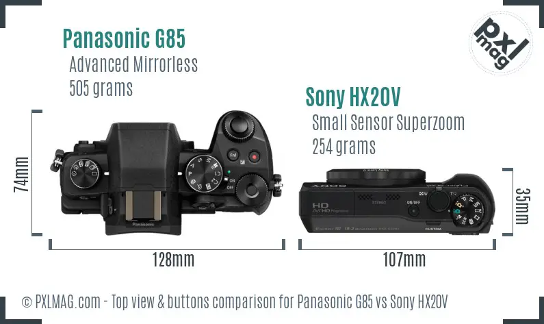 Panasonic G85 vs Sony HX20V top view buttons comparison