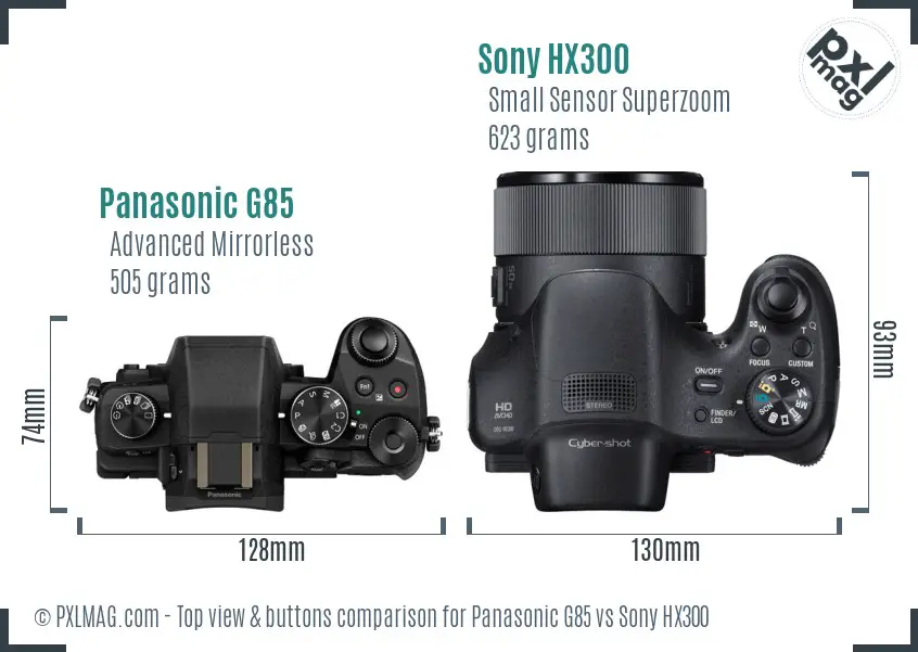 Panasonic G85 vs Sony HX300 top view buttons comparison