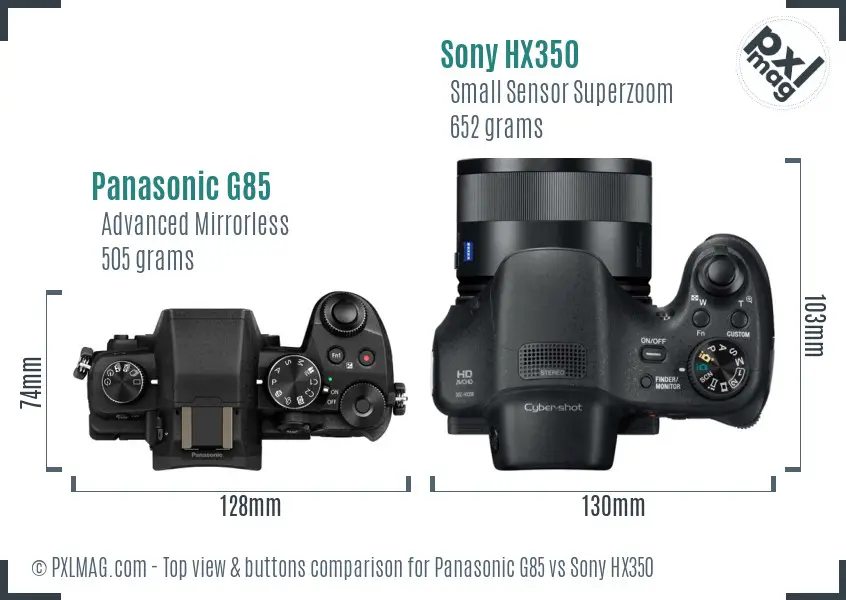 Panasonic G85 vs Sony HX350 top view buttons comparison Panasonic G85 vs Sony HX350 top view buttons comparison