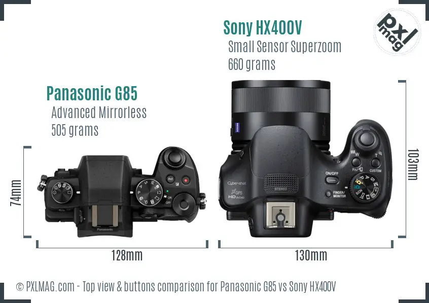 Panasonic G85 vs Sony HX400V top view buttons comparison Panasonic G85 vs Sony HX400V top view buttons comparison