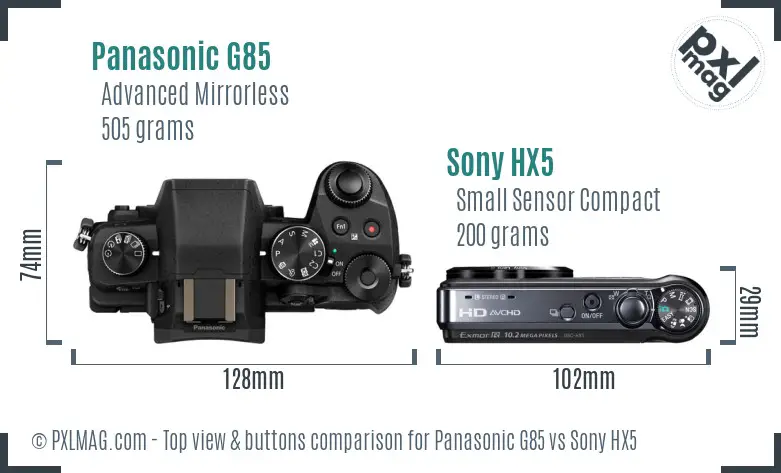 Panasonic G85 vs Sony HX5 top view buttons comparison