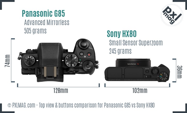 Panasonic G85 vs Sony HX80 top view buttons comparison