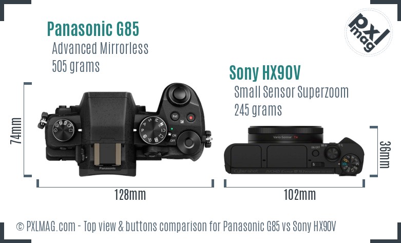 Panasonic G85 vs Sony HX90V top view buttons comparison