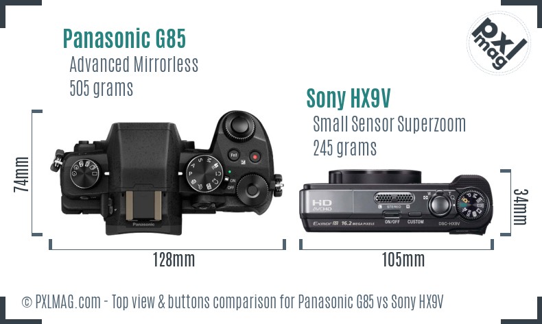 Panasonic G85 vs Sony HX9V top view buttons comparison
