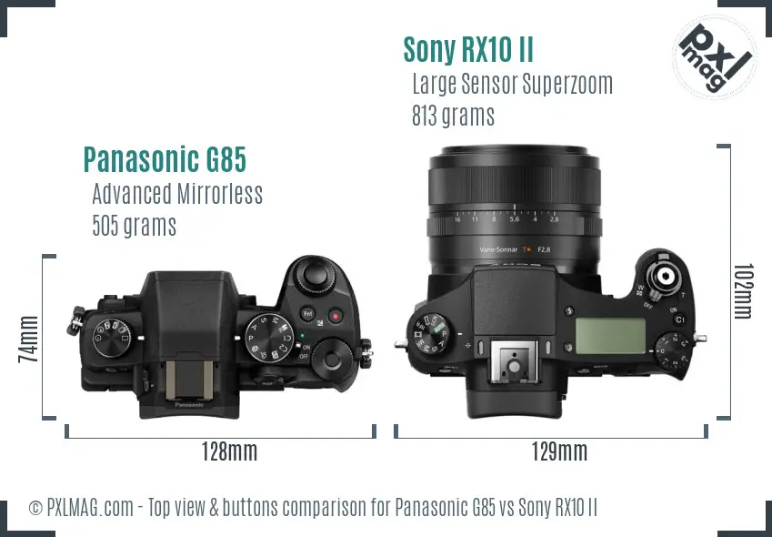 Panasonic G85 vs Sony RX10 II top view buttons comparison