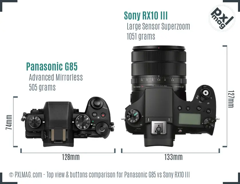 Panasonic G85 vs Sony RX10 III top view buttons comparison