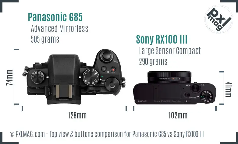 Panasonic G85 vs Sony RX100 III top view buttons comparison