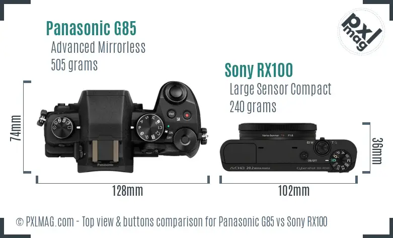 Panasonic G85 vs Sony RX100 top view buttons comparison