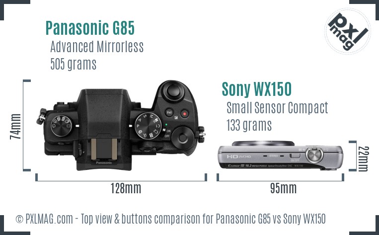 Panasonic G85 vs Sony WX150 top view buttons comparison