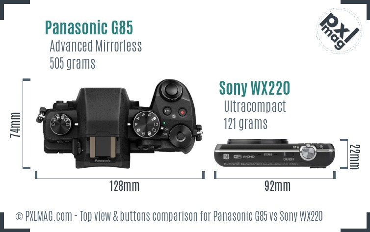 Panasonic G85 vs Sony WX220 top view buttons comparison