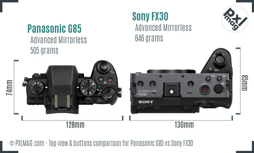 Panasonic G85 vs Sony FX30 top view buttons comparison Panasonic G85 vs Sony FX30 top view buttons comparison